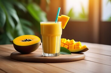 Mango smoothie in glass with straw on wooden background - 758854096