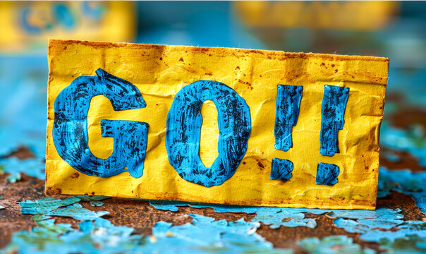 Motivational yellow sticky note with the word GO! handwritten in bold, black ink, isolated on a plain, bright background, inspiring action and urgency