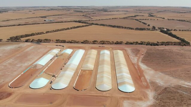 Aerial view of wheat storage grain handlers and bulkheads, Western, Australia