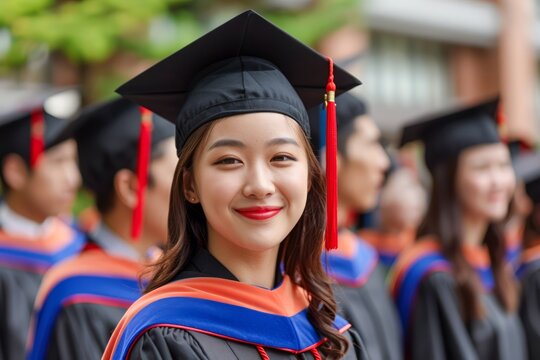 Smiling Young Woman in Graduation Cap and Gown with Fellow Graduates in Background, University Commencement Ceremony