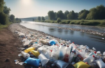 environmental pollution by garbage,plastic bags and bottles,Plastic garbage in the river , pollution and environment concept