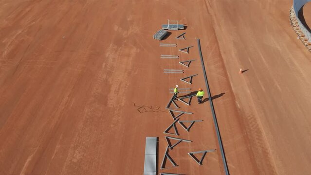 Geraldton, Australia - 18 November 2021: Aerial view of construction of open bulkhead grain storage, Western, Australia