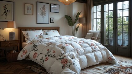 a bright spring room through, featuring a neatly folded duvet resting atop the bed, inviting relaxation and rejuvenation. - obrazy, fototapety, plakaty