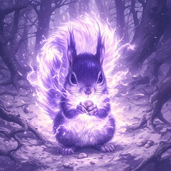 Vibrant and Dynamic Stock Image Featuring a Neon Purple Squirrel in Motion with a Nut, Perfect for Lifestyle and Sports Branding
