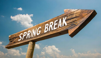 Wooden spring break sign: school holiday and spring vacation concept