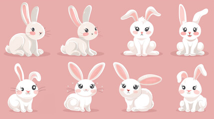 Cute Cartoon Rabbits Collection. Adorable Bunny Characters on Pink Background.