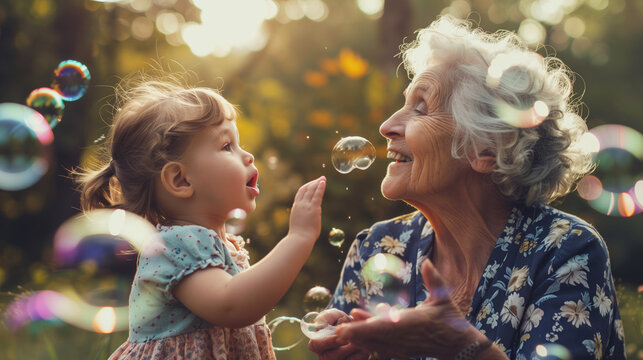 A happy grandmother and her little granddaughter blowing bubbles in the park, with a beautiful natural background, sunlight, and high resolution photography. Insanely detailed with fine details, in th