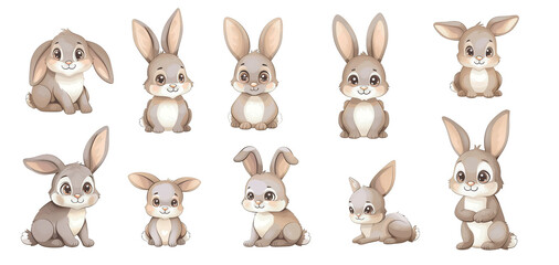 Collection of Adorable Bunnies in Various Poses. Cute Rabbit Watercolor Set.
