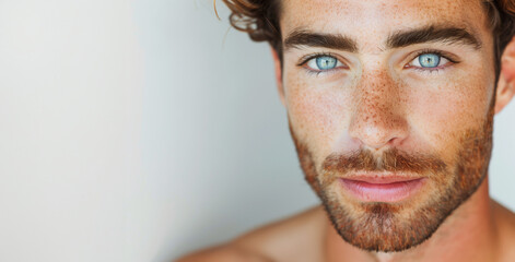 Fototapeta premium closeup of handome man's face brunette with freckles and blue eyes isolated on plain light white studio background with copy space