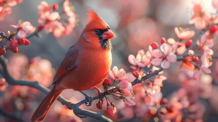 red cardinal bird sits on a blossoming branch of an apple tree