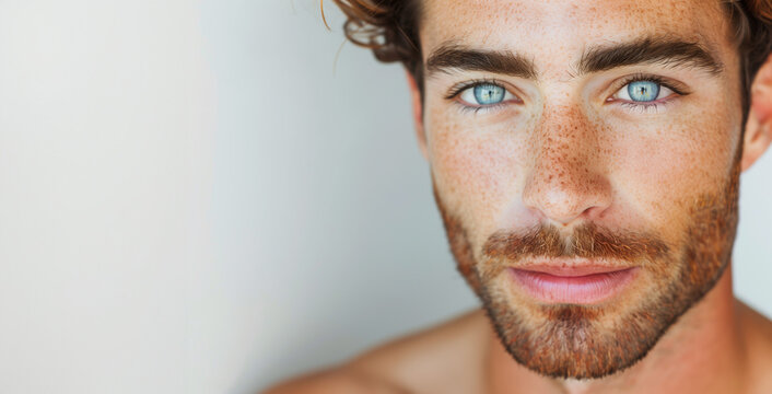 closeup of handome man's face brunette with freckles and blue eyes isolated on plain light white studio background with copy space