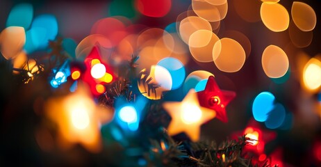 Star shaped bokeh, blurred lights, christmas decoration, multicolor blurry shapes, rainbow stars, christmas light, garland, depth of field, haze, blurry, Generative AI 
