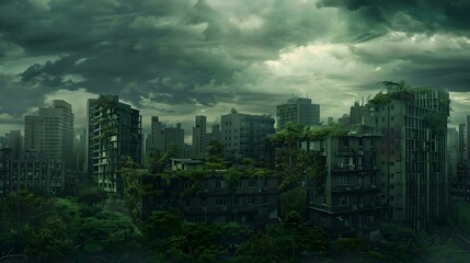 Post-apocalyptic cityscape with overgrown buildings under dark clouds. mysterious, eerie atmosphere in a dystopian world. perfect for dramatic backdrops. AI
