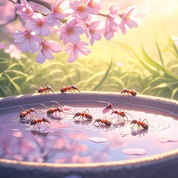 A colony of ants in coordinated ninja gear, ready for action. A captivating stock image for advertising and branding purposes.