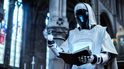 Futuristic AI robot in priest attire stands inside church and preaching. Setting combines traditional religious elements with advanced technology, showcasing unique blend of past and future. - obrazy, fototapety, plakaty