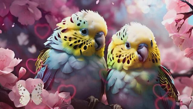 a pair of beautiful budgerigars. Seamless looping 4k time-lapse virtual video animation background


