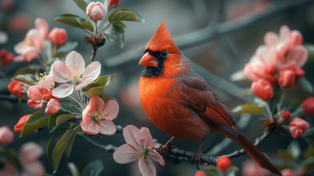 red cardinal bird sits on a blossoming branch of an apple tree