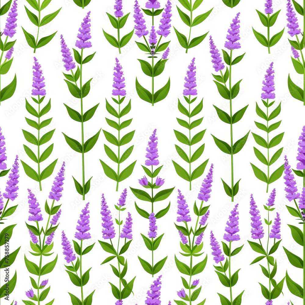 Poster purple flowers and green leaves intertwining in a harmonious display against a pristine white backgr
