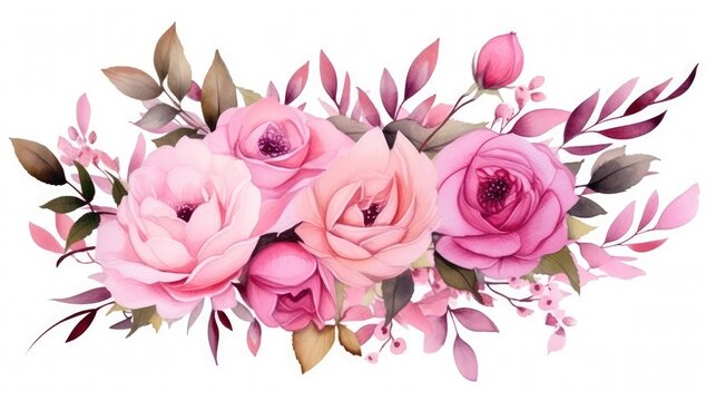 Elegant Pink Magnolia Flowers and Foliage in a Delicate Watercolor Illustration