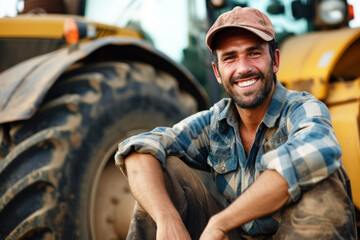 Fototapeta premium Portrait of a smiling farmer sitting next to a tractor