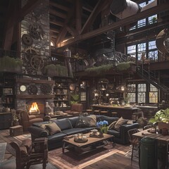 A Stylish Steampunk-Inspired Living Room with Unique Decor and Warm Aesthetics