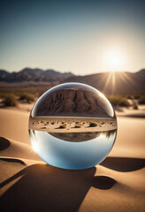 A water-filled orb in a desert with intricate lighting and texture highlighting the contrast between life and desolation - Concept for desertification and water value