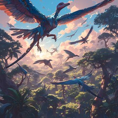 Majestic Archaeopteryx Flock Soaring Above Lush Forest - Perfect for Wildlife & Nature Themed Projects