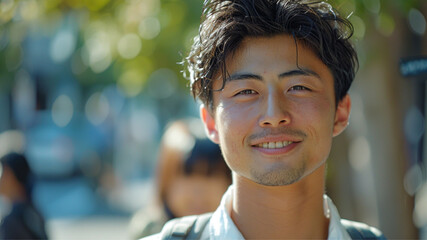 portrait photo of a 25-year old Japanese male college student, with a confident smile, short black hair, brown eyes, white shirt, outdoors, natural lighting - obrazy, fototapety, plakaty