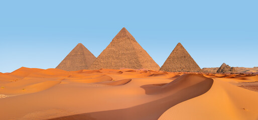 Giza Pyramid Complex at bright blue sky - Cairo, Egypt