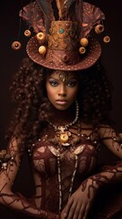 A woman styled as a chocolate goddess with a hat adorned with sweets