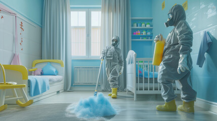 disinfection of a children's room, people in protective suits wearing masks, with a mop with foam, wash the floor from the virus