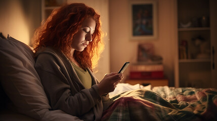 Still cozy in bed, beautiful irish redhead woman awakes early morning, finds herself relaxed, seriously concentrating on smartphone alarm clock time in her comfortable bedroom. - obrazy, fototapety, plakaty