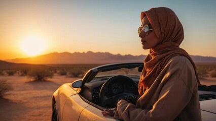 A hiyab-wearing woman taking a break from driving her sports car to admire the stunning desert scenery - 758859013