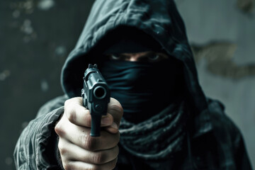 Attacker with a gun in his hand pointing at someone wearing a black mask and a hooded jacket. Theme of robbery.