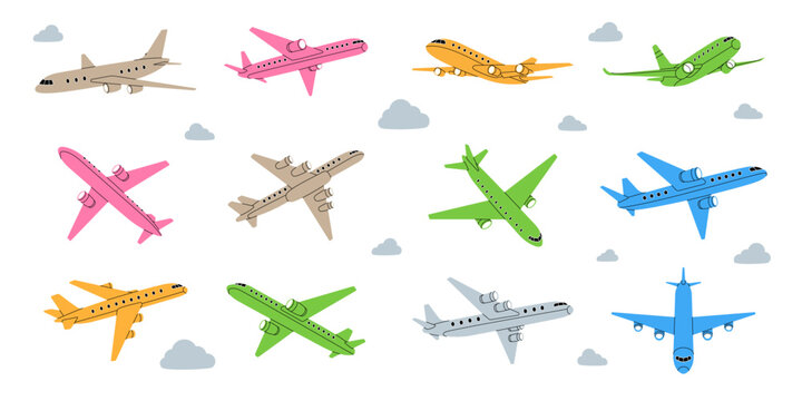 Aircraft set. Air transport. Air flight symbol. Passenger airplanes. Vector illustration.