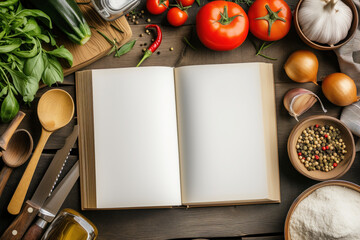 Blank cookbook for recipes with white pages and vegetables - obrazy, fototapety, plakaty