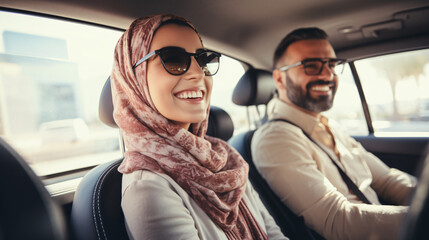 Smiling middle eastern woman driving with partner in passenger seat.