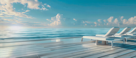 Fototapeta na wymiar Beach scene with a white lounge chair on the deck, clouds and the ocean