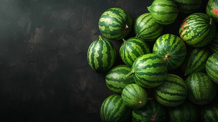 Just a pile of lively watermelons in the bottom corner. A modern and minimalist black background...