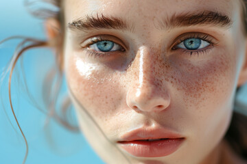 Beautiful young woman with blue yes, close up