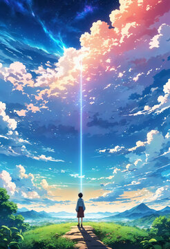 Anime illustration of a solitary figure under a vast sky, contemplating the connection between nature and the divine