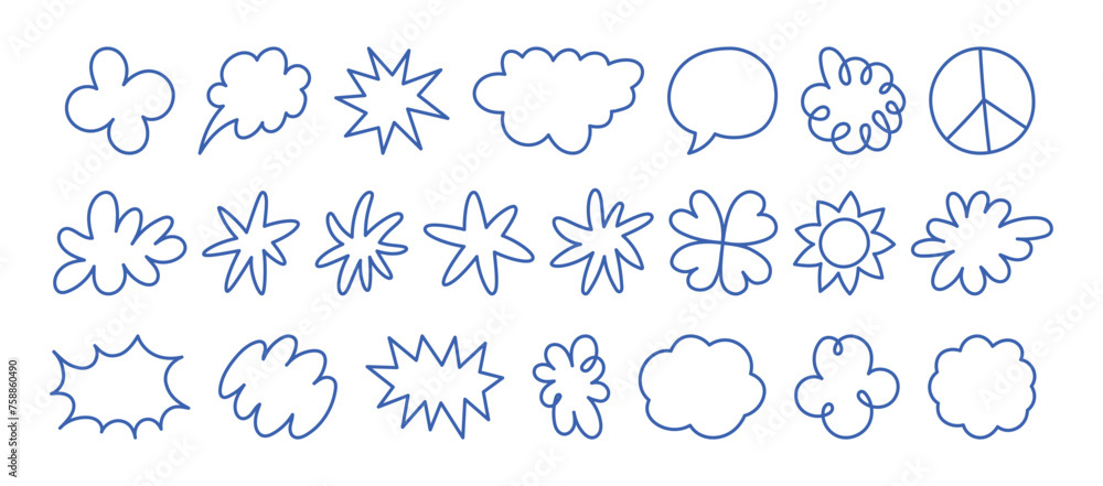 Poster vector set of stickers, scribbles and doodles in simple linear hand drawn style with copy space, min