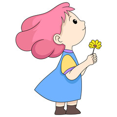 cartoon doodle illustration of women's activities, a girl who loves nature is standing daydreaming and holding sunflowers