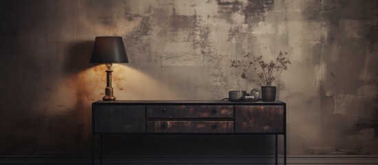 Interior design with vintage console and dark lamp