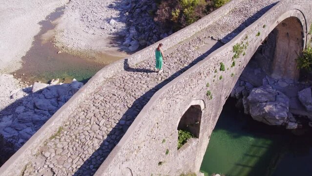Aerial view of old ottoman mesi bridge over the Kir river, Shkoder, Albania