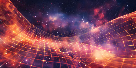 Digital fabric of space-time, curved grid lines on a cosmic nebula background - obrazy, fototapety, plakaty