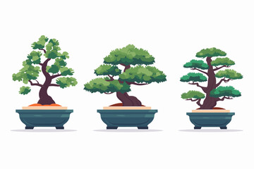 Set of bonsai Japanese trees grown in containers. Decorative little tree vector illustration. Nature art
