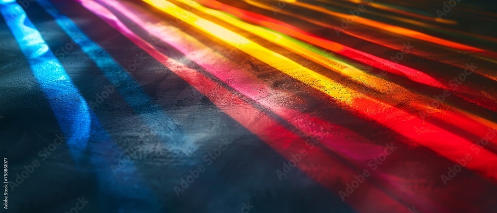 Wall mural dark abstract background with leaking rays of rainbow coloured light.