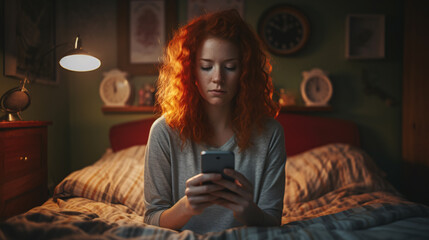 Still cozy in bed, beautiful irish redhead woman awakes early morning, finds herself relaxed, seriously concentrating on smartphone alarm clock time in her comfortable bedroom.