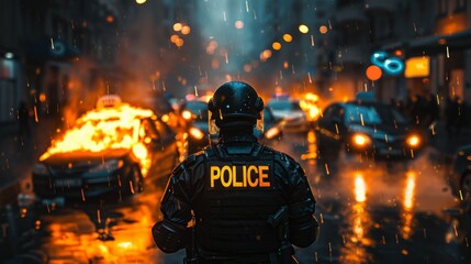 The police confront the crowd involved in the street riot. Angry protestors are violent, vandalizing buildings and vehicles. 